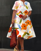 Oil Painting Flower Art V-neck Short-sleeved Loose Midi Dress
