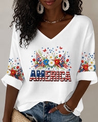 4th Of July 2026 Patriotic Floral V-neck Half Sleeved Loose Top