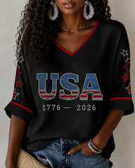 America 1776-2026 Print V-neck Half Sleeved Loose Top