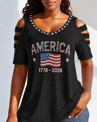 1776- 2026 America Round Neck Hollowed-out Short Sleeve Top