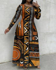 African Geometric Patterns Print Crewneck Long Sleeve Pocket Dress