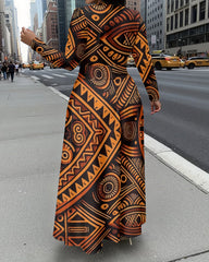 Abstract African Symbols Print Crewneck Long Sleeve Pocket Dress