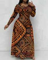 Abstract African Symbols Print Crewneck Long Sleeve Pocket Dress