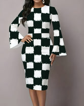 Black and White Plaid Flared Sleeves Midi Bodycon Dresses