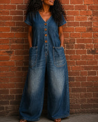100% Denim V-neck Pocket Wide-leg Jumpsuit