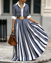 A-Line Loose Buttoned Contrast Color No Belt Striped Lapel Maxi Dresses