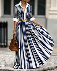 A-Line Loose Buttoned Contrast Color No Belt Striped Lapel Maxi Dresses