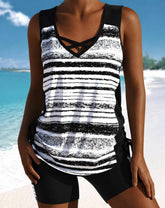 Cross-neck Tank Top and Swim Trunks Two-piece Set