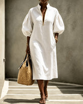 Stand-up Collar Puff Sleeve Zipper Casual Dress