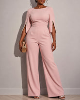 Women's Round Neck Pearl Sleeve Wide-leg High-waisted Jumpsuit
