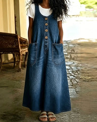 Denim U-neck Sleeveless Pocket Dress