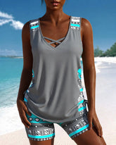 Cross-neck Tank Top and Swim Trunks Two-piece Set