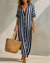 Stylish Short-sleeved Loose-fitting Casual Striped Shirt Dress