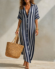 Stylish Short-sleeved Loose-fitting Casual Striped Shirt Dress