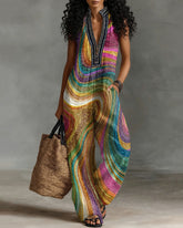 Irregular Color-blocked Abstract Wavy Stripes Linen Blend Sleeveless Jumpsuit With Zipper And Stand Collar