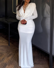V-Neck Ruched Long Sleeve Waist-Cinched Mermaid Bodycon Maxi Dress