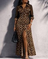 Lapel Collar Button‑Front Leopard Mesh Casual Dress with Slit