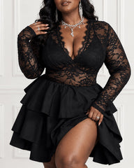 Plus Size Black Lace Long Sleeve Mini Dress