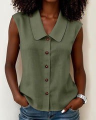 Simple Doll Collar Button Down Sleeveless Cotton Linen Shirt