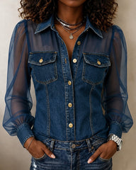 Collared Button-down Long-sleeved Shirt with Mesh Trim