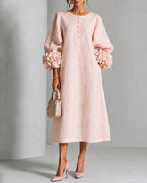 Light Pink Linen Midi Dress with 3D Floral Details
