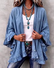 Chic Boho Denim Ruffle Trim Cardigan