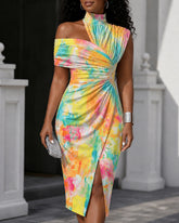 Random Print Printing One-shoulder Draped Asymmetrical Midi Dress