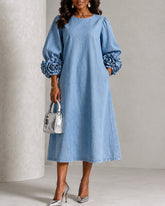 Chic Chambray Crew Neck Denim 3D Rosette Sleeve Midi Dress