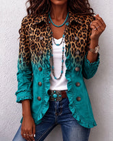 Boho Leopard & Teal Ruffle Blazer Jacket