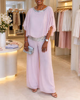 Conjuntos Elegantes Sequins Chiffon Batwing Sleeve Top Wide Leg Pants Two Piece Set