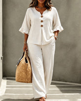 V-neck Ruffled Three-quarter Sleeve Top and Trousers Two-piece Set