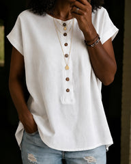 Round Neck Short-sleeved Button-down Solid Color Top