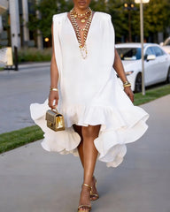 Elegant Solid Relaxed V Neck Midi Dress