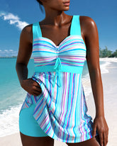 Watercolor Color-blocked Stripes Print Blue Tankini Set