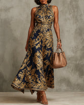 Semi-High Neck Golden Floral Sleeveless High Waist Full Swing Midi Dress