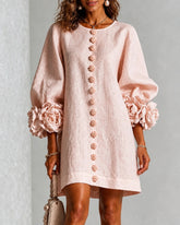 Linen Blend Flowers Button Down Floral Cuffs Half Sleeve Mini Dress