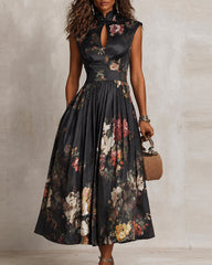 High-neck Button-down Elegant Floral Maxi Dress