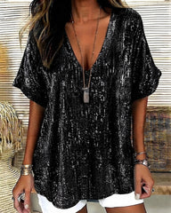 V-Neck Sequin Casual Loose Fit Pullover Short Sleeve T-Shirt