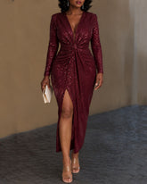 Long Sleeve Twist Front High Slit Bodycon Evening Party Gown for Women