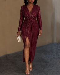 Long Sleeve Twist Front High Slit Bodycon Evening Party Gown for Women