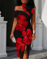 Vivid Red Flower One-shoulder Draped Asymmetrical Midi Dress
