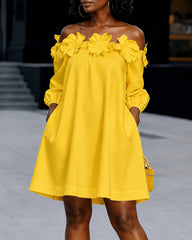 Half Sleeves Loose Pockets Solid Color Flower Off-The-Shoulder Mini Dresses