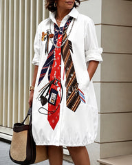 Long Sleeves Loose Buttoned Pockets Printed Lapel Midi Dresses