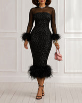 Sequin Mesh Long Sleeve Feather Trim Bodycon Dress Midi Dress