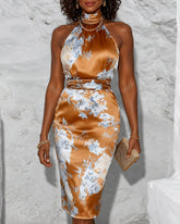 Brown Floral Satin Halter Sleeveless Sheath Midi Dress