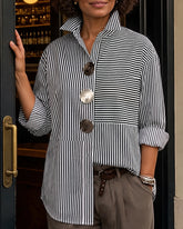 Irregular Stripes Stand Collar Long Sleeve Shirt with Metal Buttons