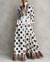 High Waisted Long Sleeves Big Hemline Buttoned Contrast Color Pleated Pockets Polka-Dot Stand Collar Maxi Dresses