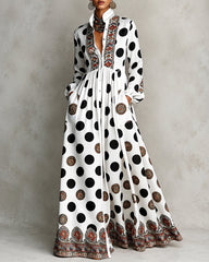 High Waisted Long Sleeves Big Hemline Buttoned Contrast Color Pleated Pockets Polka-Dot Stand Collar Maxi Dresses