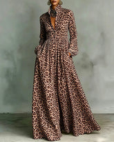 Long Sleeves Buttoned Contrast Color Leopard Pleated Pockets Lapel Maxi Dresses