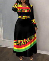 African Geometric Print Colorful Designer Crewneck Long Sleeve Pocket Dress